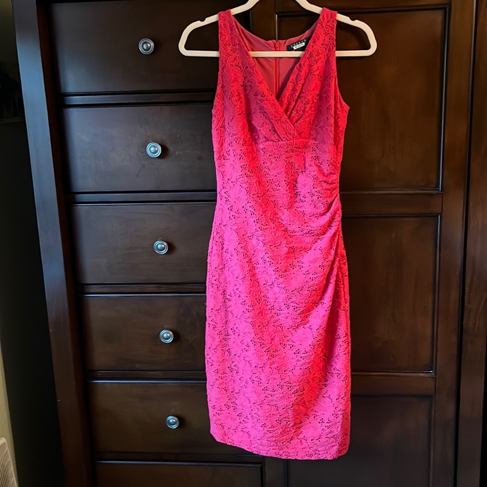Coral colored lace Lauren dress in excellent preowned condition.